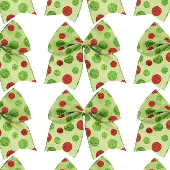 Red, Green Christmas 6 Piece Wreaths Bows Glitter Dot Xmas Ribbon Bow Ornaments - Picture 7 of 8